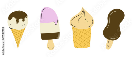Set multi-layer ice cream, popsicle, waffle cup. Cone dipped in chocolate. Color Vector illustration. Collection of summer frozen dessert. Sweet food. Vanilla ball. Sweetness. Flat style.