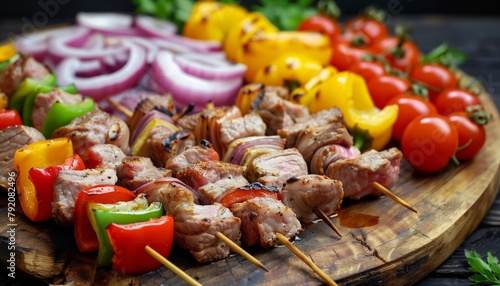 Gastronomic Delight: Ultra High-Resolution Close-Up of Fresh Kebab Ingredients on a Rustic Wooden Board.
