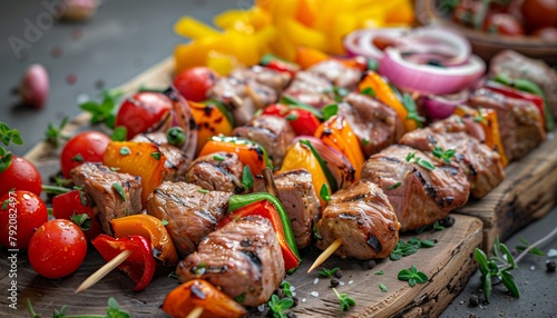 Gastronomic Delight: Ultra High-Resolution Close-Up of Fresh Kebab Ingredients on a Rustic Wooden Board.