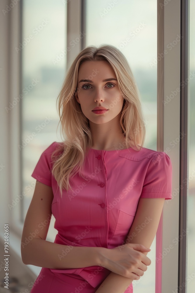 attractive blonde woman in a pink dress in a hi-tech office