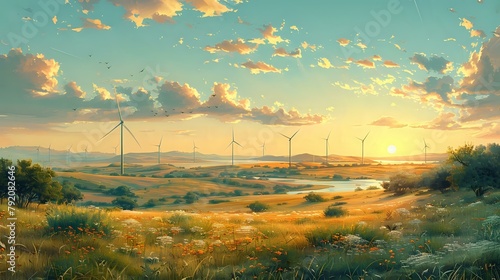 Modern Vintage Wind Energy Poster with Towering Turbines and Scenic Backdrop
