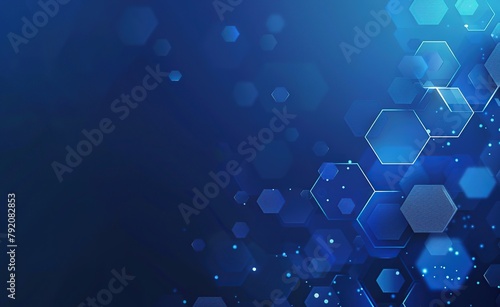 Blue background with hexagonal shapes and light effects.
