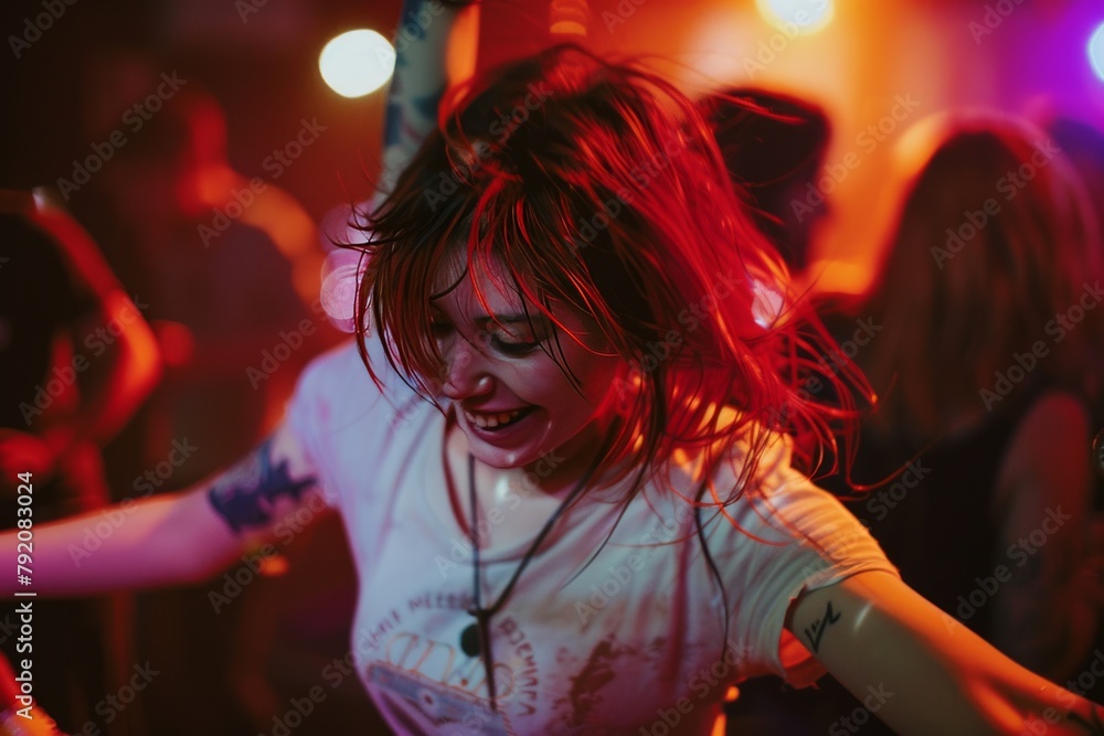 Happy smiling woman dancing and having fun in nightclub with friends at party Happy smiling woman dancing and having fun in nightclub with friends at party