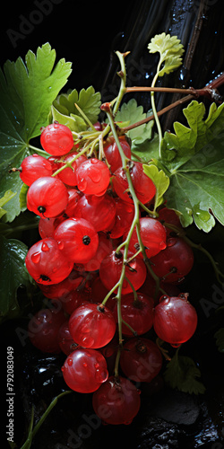 A bunch of red currants, gooseberries in the garden, secret orchard