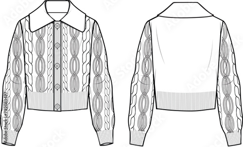 Women's Teddy Collar Detail Cable Button-up Cardigan. Technical fashion illustration. Front and back, white color. Women's CAD mock-up.