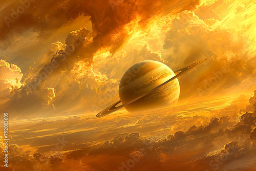 Golden wallpaper of Saturn in space surrounded by golden clouds in a warm atmosphere.  © Saulo Collado