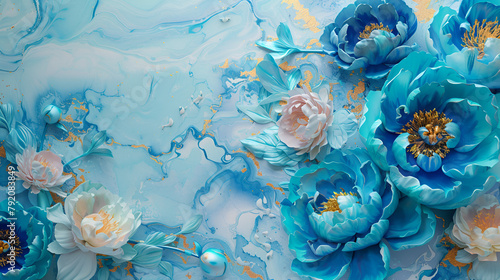 fondo con textura en tercera dimensión de flores peonias azules con espacio para copiar y al fondo una pared de pintura moderna plantilla para diseño y decoraciones photo