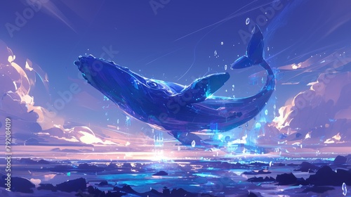 The whale gracefully breached the surface of the glistening ocean photo
