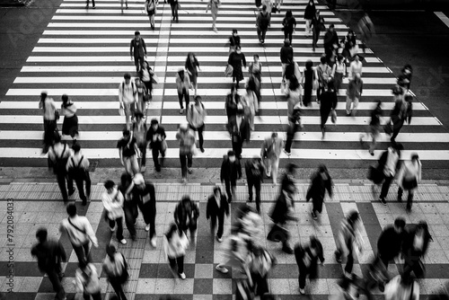 大阪梅田の繁華街で横断歩道を渡る人々。モノクロでブらせて撮影 photo