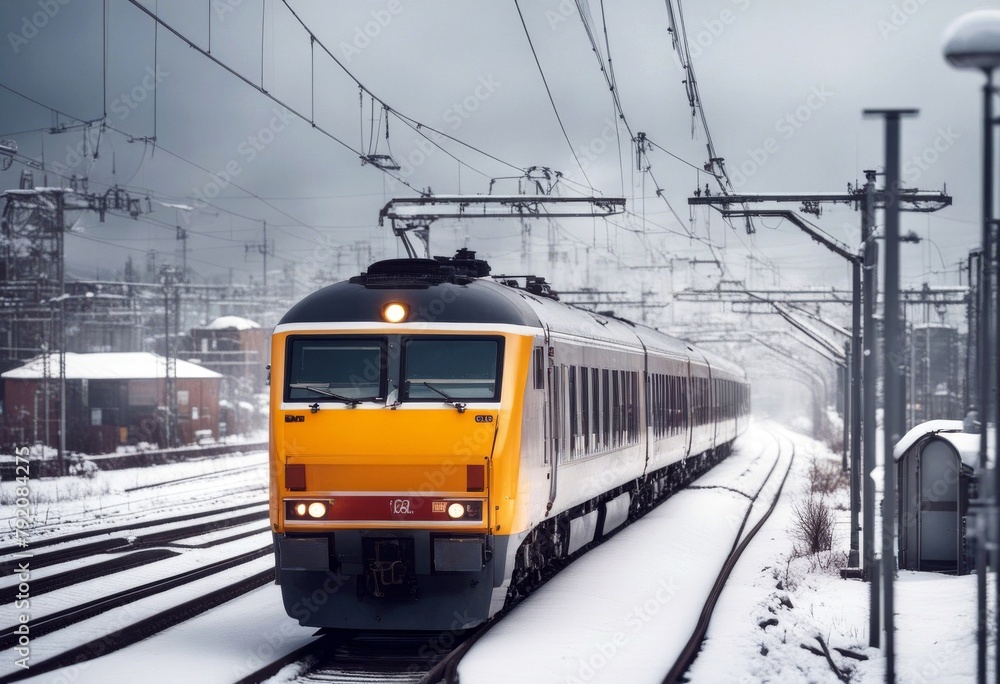 'rides train speed city high snowy winter landscape industrial rail travel railroad railway transport snow station modern transportation fast journey platform'