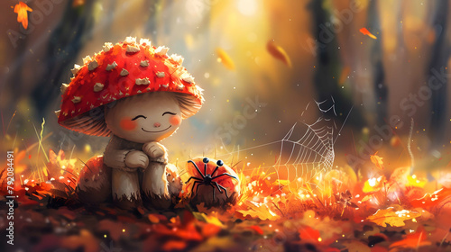 Iconic red toadstool mushroom nestled among autumn leaves, a fairy tale in the forest