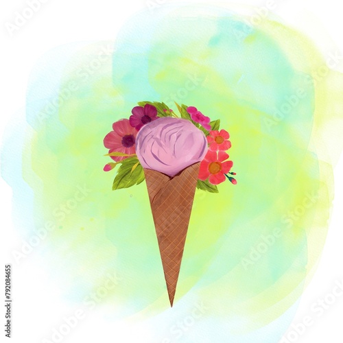 ice cream with flowers and plants. illustration