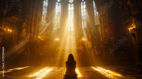 An atmospheric shot of a woman kneeling in prayer in the candlelit interior of a historic church, her hands clasped reverently as rays of sunlight filter through stained glass wind photo
