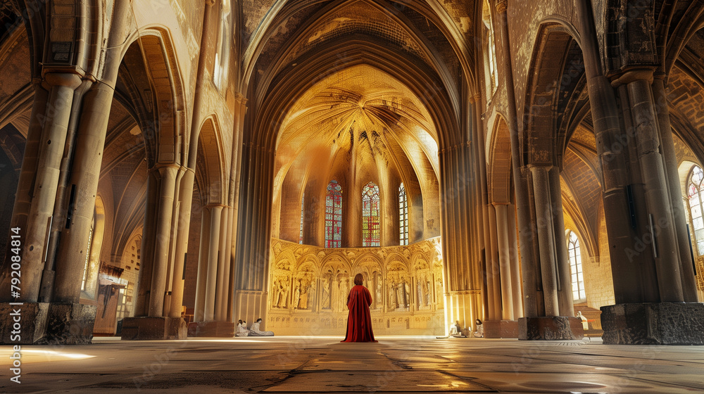 A panoramic view capturing a woman immersed in prayer in the grandeur of a cathedral, her figure dwarfed by the towering arches and majestic architecture, yet her presence radiatin