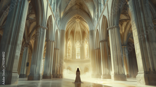 A panoramic view capturing a woman immersed in prayer in the grandeur of a cathedral, her figure dwarfed by the towering arches and majestic architecture, yet her presence radiatin photo