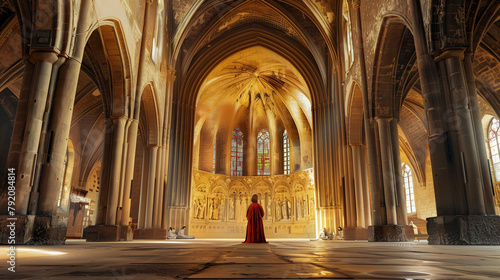 A panoramic view capturing a woman immersed in prayer in the grandeur of a cathedral, her figure dwarfed by the towering arches and majestic architecture, yet her presence radiatin