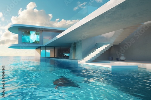 Luxurious Modern Home with Aqua Blue Art Gallery and Floating Stairs over Serene Sea Waters