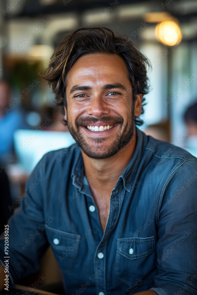 Young man with a bright smile in a casual denim shirt Young man with a bright smile in a casual denim shirt