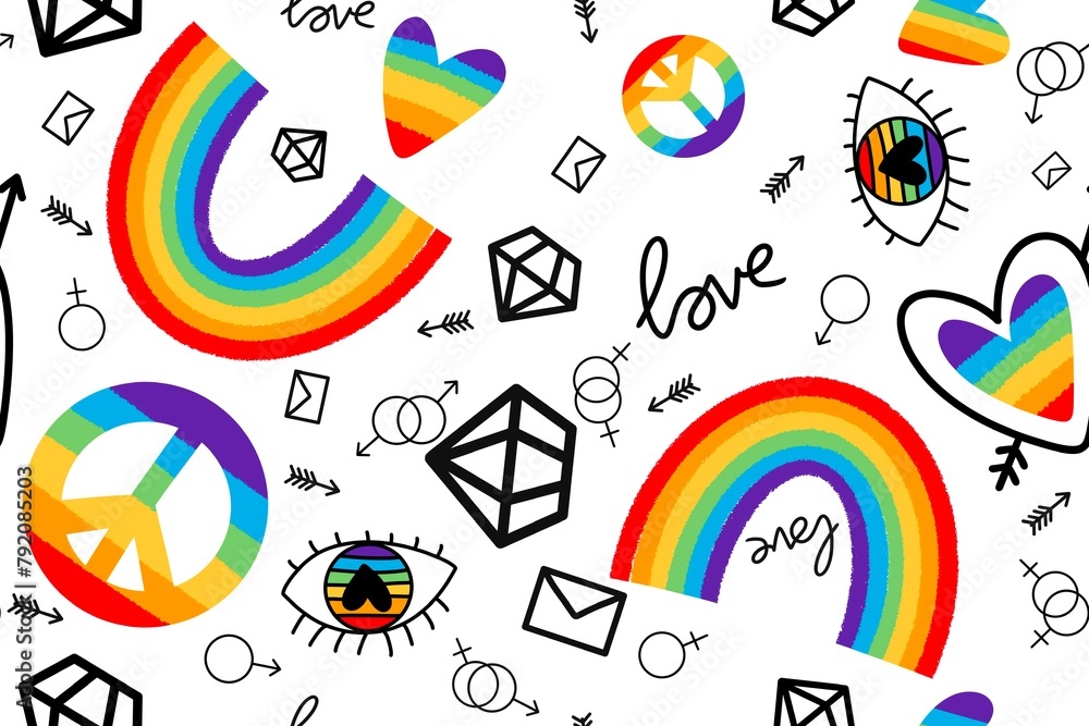 Lgbtq rainbow pride seamless love and eyes and peace sign pattern for wrapping paper and fabrics and linens Lgbtq rainbow pride seamless love and eyes and peace sign pattern for wrapping paper and fabrics and linens