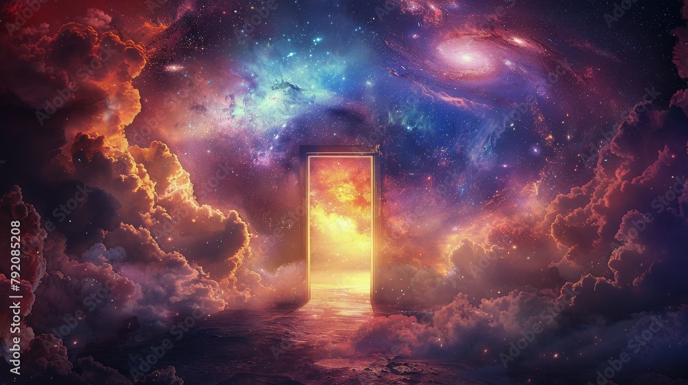 Man Standing in Doorway Surrounded by Clouds Man Standing in Doorway Surrounded by Clouds
