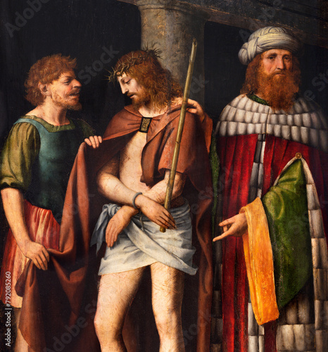 MILAN, ITALY - MARCH 7, 2024: The renaissance painting of"Ecce Homo" - Cappella della Passione in San Giorgio in Palazo church by Bernardino Luini (1516). 