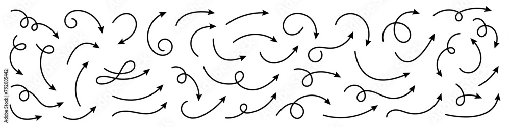 Collection of line arrows. Set simple curved hand drawn arrows. Collection of pointers. Collection of line arrows. Set simple curved hand drawn arrows. Collection of pointers.