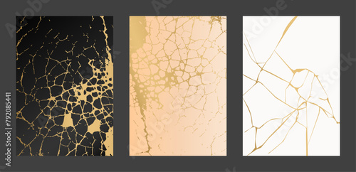 Japanese art of gold kintsugi repairing broken pottery modern cover design set. Luxury vector template in black, gold, white colors for card, invite, menu, poster 