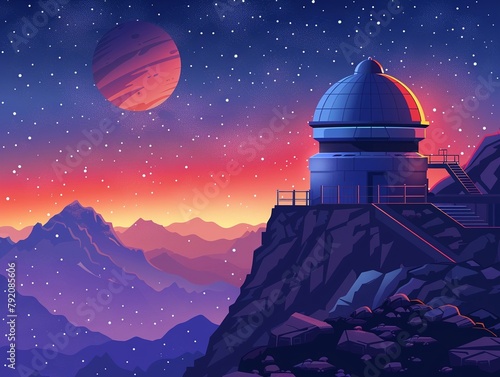 Stylized vector illustration of a mountaintop observatory at night, starry sky, with a focus on geometric forms and gradient skies photo