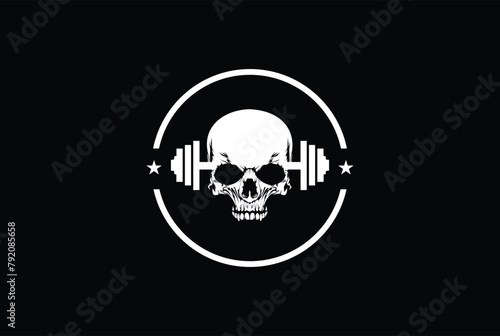 fitness logo template with skull and dumbbells vector illustration