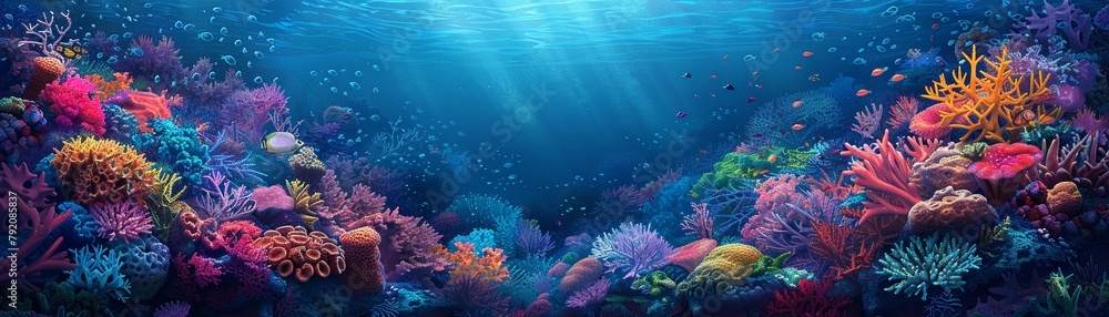 Vector illustration of an underwater coral reef scene, teeming with colorful marine life, detailed textures, and a serene vibe
