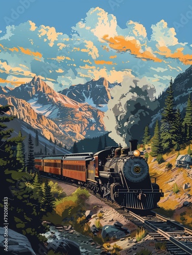 Vector illustration of a vintage train journey through the Rocky Mountains, showcasing historical locomotives, rugged landscapes, and the romance of rail travel