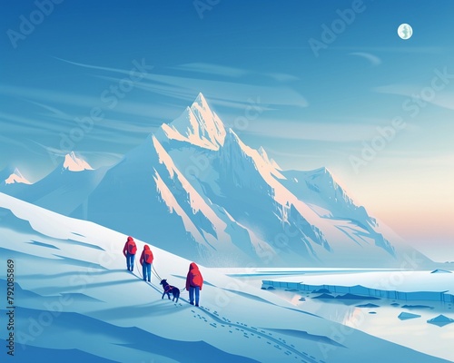Vector illustration of an Arctic exploration scene, with explorers, sled dogs, and icebergs in a crisp, clean style