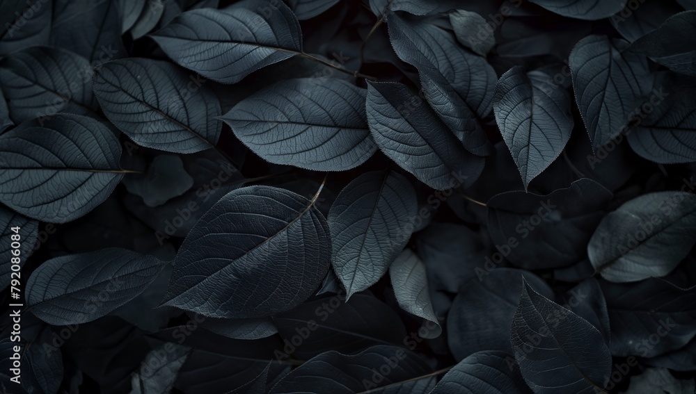 Black leaves on patterned fabric against dark background with soft lighting and elegant curves Black leaves on patterned fabric against dark background with soft lighting and elegant curves