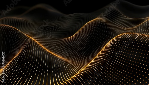 Golden lines with black background, elegant and minimalist design, abstract wavy pattern of light dots in the middle, modernity through simplicity