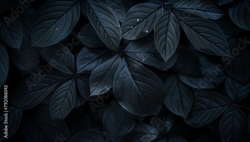 Black leaves on patterned fabric, dark background, mysterious atmosphere, soft lighting, elegant curves, elegant design