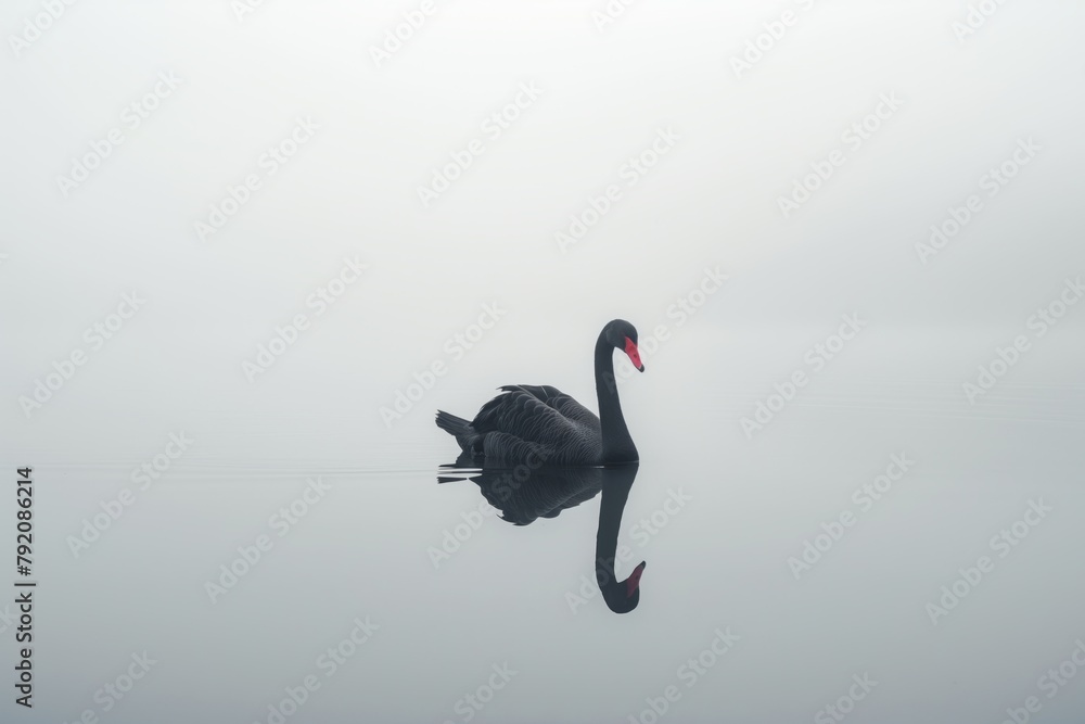 Fototapeta premium Black Swan Swimming in Lake with Red Beak, Black Feathers, in Foggy Weather, Minimalist Photographic Style