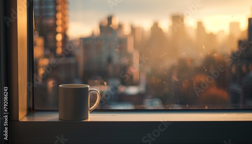 Coffee Mug on Windowsill, Overlooking City Buildings in Soft Morning Light, Blurred Cityscape Background, Calm Serene Atmosphere