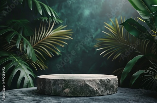 Stone Round Podium, Tropical Leaves, Dark Background, Product Presentation, Empty Mockup, Spa Concept, Beauty, Wellness Studio