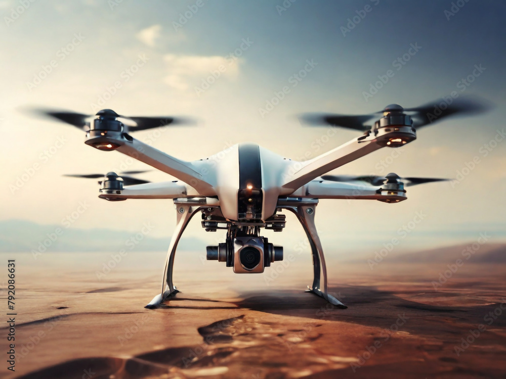 Flying drone isolated on sky background. 3D rendered illustration. Generative AI