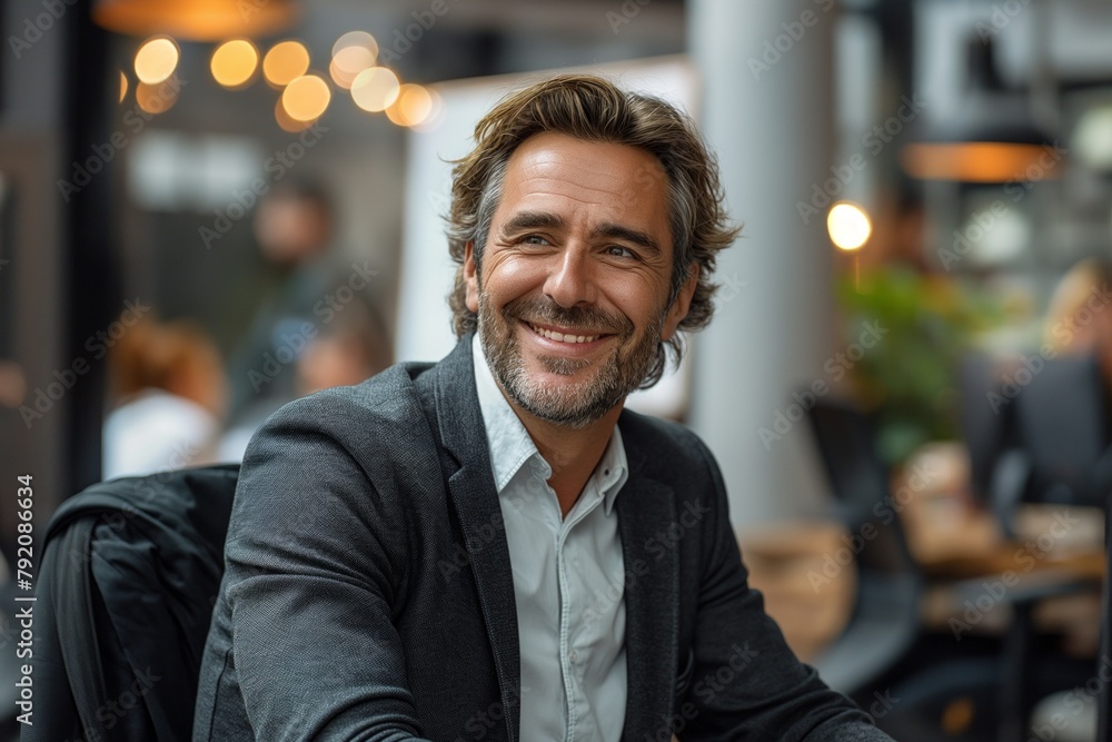 Confident businessman with a captivating smile in a modern cafe setting Confident businessman with a captivating smile in a modern cafe setting