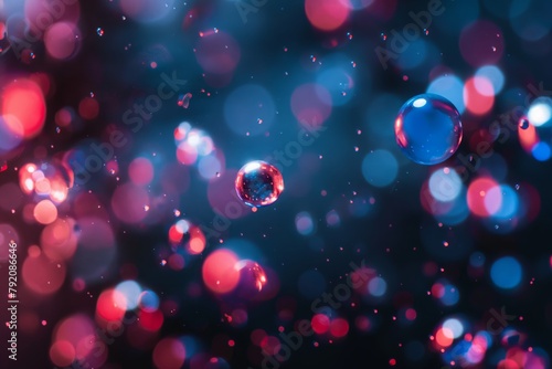 red, blue spheres, macro photography, bokeh effect, red light reflections, black surface, water droplets, hyperrealistic style, cosmic atmosphere