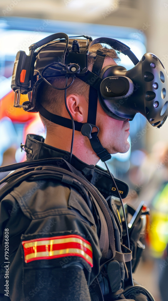 Firefighter wearing virtual reality headset