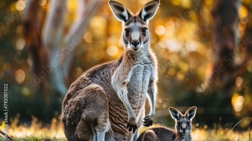 kangaroo mother carrying her child with blur background