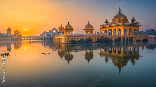 a golden-hued architectural structure reflected in calm waters, with the sun setting gracefully in the background