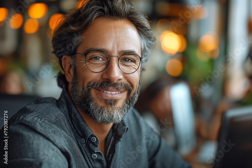 Relaxed man with glasses smiles gently while working in a cozy cafe
