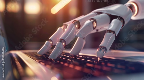 Photo of a robot hand typing on laptop keyboard. Generate AI image photo