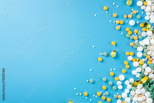 Vitamin Supplements on a blue background, medicine on a blue background, tablets on a blue background, supplements on a background