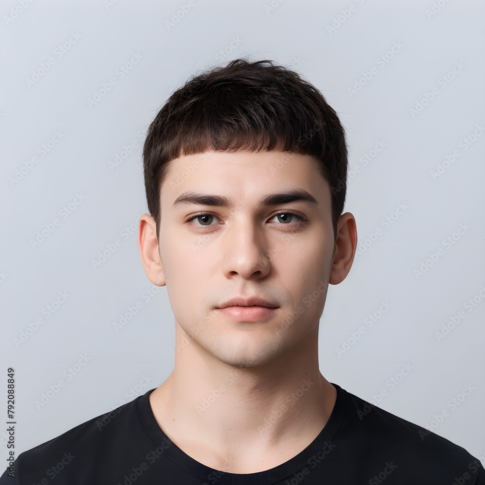 Naklejka premium Young Man with Caesar Haircut and Serious Expression