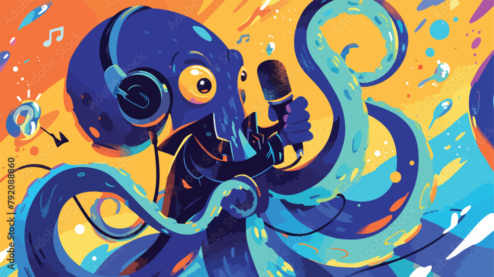 Octopus tentacle is holding a microphone. A templat