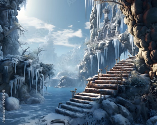 Fantasy landscape with frozen waterfall and stairs. 3D illustration.